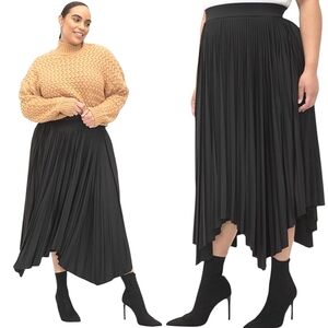 NWT Eloquii Elements Handkerchief Hem Pleated Midi Skirt Black Pull On 14/16